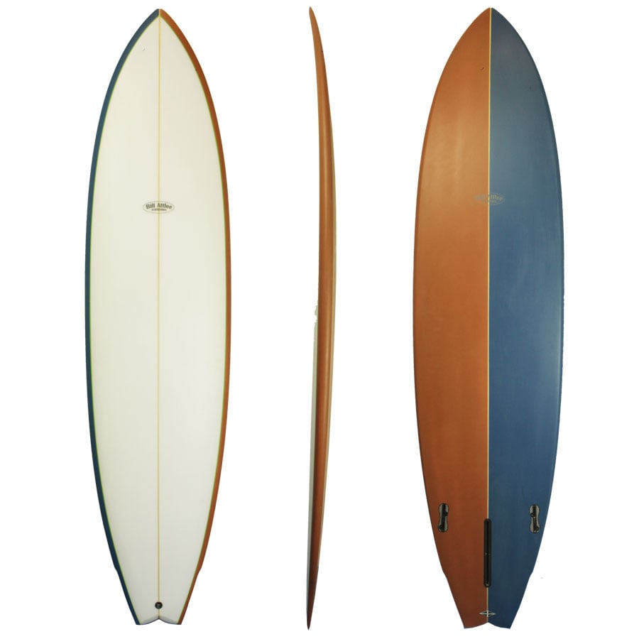 Mid length single fin shop surfboard